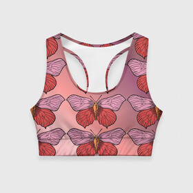 Женский спортивный топ 3D с принтом Розовый принт с бабочками  , 82% полиэстер, 18% спандекс Ткань безопасна для здоровья, позволяет коже дышать, не мнется и не растягивается |  | бабочки | градиент | грустый | меланхолия | мотылек | насекомые | розовый | цветочки