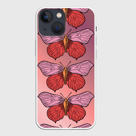 Чехол для iPhone 13 mini с принтом Розовый принт с бабочками ,  |  | бабочки | градиент | грустый | меланхолия | мотылек | насекомые | розовый | цветочки