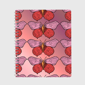 Тетрадь с принтом Розовый принт с бабочками  , 100% бумага | 48 листов, плотность листов — 60 г/м2, плотность картонной обложки — 250 г/м2. Листы скреплены сбоку удобной пружинной спиралью. Уголки страниц и обложки скругленные. Цвет линий — светло-серый
 | бабочки | градиент | грустый | меланхолия | мотылек | насекомые | розовый | цветочки