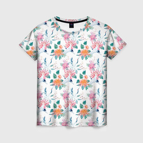 Женская футболка 3D с принтом Журавли и хризантемы , 100% полиэфир ( синтетическое хлопкоподобное полотно) | прямой крой, круглый вырез горловины, длина до линии бедер | журавли | паттерн | хризантемы | цапля | цветы