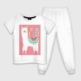 Детская пижама хлопок с принтом Милашка лама , 100% хлопок |  брюки и футболка прямого кроя, без карманов, на брюках мягкая резинка на поясе и по низу штанин
 | Тематика изображения на принте: kawaii | pink | домашние животные | звери | лама | мило | надпись | пончо | радуга | розовый | румяна | ферма | фермерские животные