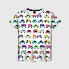 Женская футболка 3D с принтом Веселые машинки  , 100% полиэфир ( синтетическое хлопкоподобное полотно) | прямой крой, круглый вырез горловины, длина до линии бедер | веселый узор | детские игрушки | детский узор | малышам | мальчикам | машины | разноцветные машины