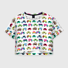 Женская футболка Crop-top 3D с принтом Веселые машинки  , 100% полиэстер | круглая горловина, длина футболки до линии талии, рукава с отворотами | веселый узор | детские игрушки | детский узор | малышам | мальчикам | машины | разноцветные машины