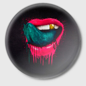 Значок с принтом Ядовитый поцелуй ,  металл | круглая форма, металлическая застежка в виде булавки | арт | губы | иллюстрация | улыбка | язык