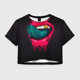 Женская футболка Crop-top 3D с принтом Ядовитый поцелуй , 100% полиэстер | круглая горловина, длина футболки до линии талии, рукава с отворотами | арт | губы | иллюстрация | улыбка | язык