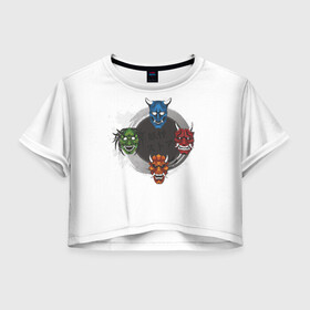 Женская футболка Crop-top 3D с принтом Маски Они , 100% полиэстер | круглая горловина, длина футболки до линии талии, рукава с отворотами | аниме | маска | мистика | они | праздник | хэллоуин | япония