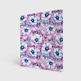Холст квадратный с принтом Анемоны - цветочный ковер , 100% ПВХ |  | акварель | акварельный | анемон | анемоны | ковер | листья | сиреневый | цветочки | цветочный | цветы