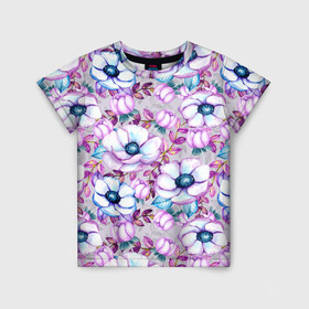 Детская футболка 3D с принтом Анемоны - цветочный ковер , 100% гипоаллергенный полиэфир | прямой крой, круглый вырез горловины, длина до линии бедер, чуть спущенное плечо, ткань немного тянется | акварель | акварельный | анемон | анемоны | ковер | листья | сиреневый | цветочки | цветочный | цветы