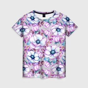 Женская футболка 3D с принтом Анемоны - цветочный ковер , 100% полиэфир ( синтетическое хлопкоподобное полотно) | прямой крой, круглый вырез горловины, длина до линии бедер | акварель | акварельный | анемон | анемоны | ковер | листья | сиреневый | цветочки | цветочный | цветы
