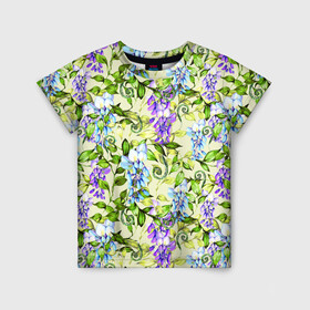 Детская футболка 3D с принтом Глициния на бежевом фоне , 100% гипоаллергенный полиэфир | прямой крой, круглый вырез горловины, длина до линии бедер, чуть спущенное плечо, ткань немного тянется | Тематика изображения на принте: акварель | акварельный | беж | бежевый | глициния | женственная | женственный | листва | листья | сад | цветочки | цветочный | цветы