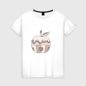 Женская футболка хлопок с принтом Волшебное яблоко , 100% хлопок | прямой крой, круглый вырез горловины, длина до линии бедер, слегка спущенное плечо | крем | лист | пирожное | сердце | яблоко