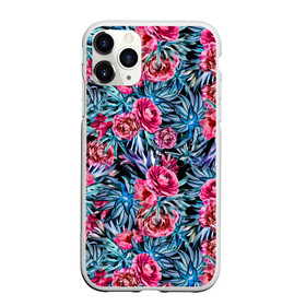 Чехол для iPhone 11 Pro Max матовый с принтом Тропические цветы  , Силикон |  | Тематика изображения на принте: летний | розовый | синий | тропический узор | цветочный узор | цветы | экзотические цветы