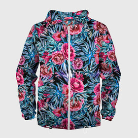 Мужская ветровка 3D с принтом Тропические цветы  , 100% полиэстер | подол и капюшон оформлены резинкой с фиксаторами, два кармана без застежек по бокам, один потайной карман на груди | летний | розовый | синий | тропический узор | цветочный узор | цветы | экзотические цветы