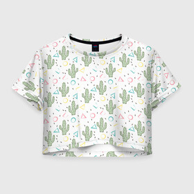 Женская футболка Crop-top 3D с принтом Кактусы  , 100% полиэстер | круглая горловина, длина футболки до линии талии, рукава с отворотами | абстрактный | кактус | мексиканский узор | модный | популярный | экзотический