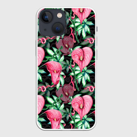 Чехол для iPhone 13 mini с принтом Цветы в райском саду ,  |  | вечерний | джунгли | калла | каллы | лианы | листва | листья | праздничный | райский | сад | темный | цветочки | цветочный | цветы