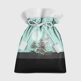 Подарочный 3D мешок с принтом Лес. Мозаичный узор  , 100% полиэстер | Размер: 29*39 см | бирюзовый | елка | ель | зима | картина | лес | луна горы | мозаика | новогодний | холмы