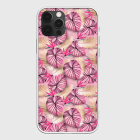 Чехол для iPhone 12 Pro с принтом Розовый тропический узор , силикон | область печати: задняя сторона чехла, без боковых панелей | бежевый | листья | пальмовые листья | розовые цветы | розовый | тропические цветы | цветочный