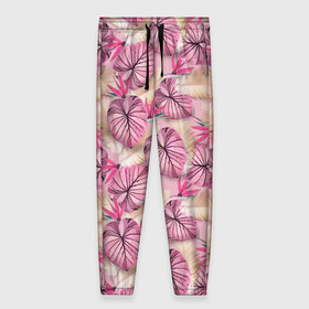 Женские брюки 3D с принтом Розовый тропический узор , полиэстер 100% | прямой крой, два кармана без застежек по бокам, с мягкой трикотажной резинкой на поясе и по низу штанин. В поясе для дополнительного комфорта — широкие завязки | бежевый | листья | пальмовые листья | розовые цветы | розовый | тропические цветы | цветочный