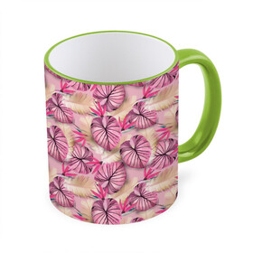 Кружка с полной запечаткой с принтом Розовый тропический узор , керамика | ёмкость 330 мл | Тематика изображения на принте: бежевый | листья | пальмовые листья | розовые цветы | розовый | тропические цветы | цветочный