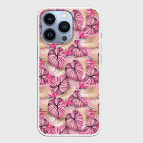 Чехол для iPhone 13 Pro с принтом Розовый тропический узор ,  |  | Тематика изображения на принте: бежевый | листья | пальмовые листья | розовые цветы | розовый | тропические цветы | цветочный