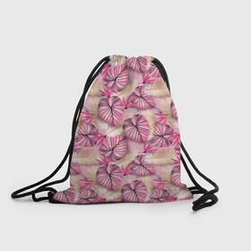 Рюкзак-мешок 3D с принтом Розовый тропический узор , 100% полиэстер | плотность ткани — 200 г/м2, размер — 35 х 45 см; лямки — толстые шнурки, застежка на шнуровке, без карманов и подкладки | бежевый | листья | пальмовые листья | розовые цветы | розовый | тропические цветы | цветочный
