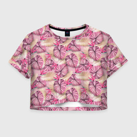 Женская футболка Crop-top 3D с принтом Розовый тропический узор , 100% полиэстер | круглая горловина, длина футболки до линии талии, рукава с отворотами | бежевый | листья | пальмовые листья | розовые цветы | розовый | тропические цветы | цветочный