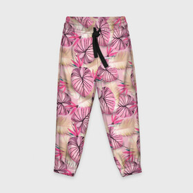 Детские брюки 3D с принтом Розовый тропический узор , 100% полиэстер | манжеты по низу, эластичный пояс регулируется шнурком, по бокам два кармана без застежек, внутренняя часть кармана из мелкой сетки | бежевый | листья | пальмовые листья | розовые цветы | розовый | тропические цветы | цветочный