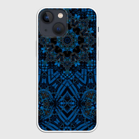 Чехол для iPhone 13 mini с принтом Черно синяя мандала . ,  |  | калейдоскоп | круглый | модный | орнамент | синий | современный | темно синий | этнический