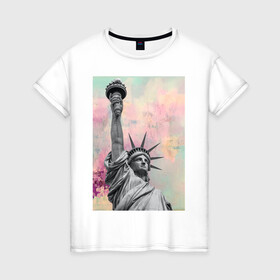 Женская футболка хлопок с принтом Statue of Liberty , 100% хлопок | прямой крой, круглый вырез горловины, длина до линии бедер, слегка спущенное плечо | известная статуя | краска | мазки краски | статуя | статуя свободы | уличный стиль | яркая стена | яркий фон