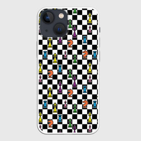 Чехол для iPhone 13 mini с принтом Яркая шахматная доска ,  |  | Тематика изображения на принте: клетка | орнамент | паттерн | спорт | узор | цветной | черно белая клетка | черно белое | черно белый принт | шахматная доска | шахматная клетка | шахматные фигуры | шахматы
