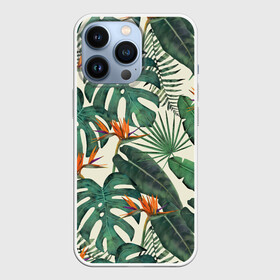 Чехол для iPhone 13 Pro с принтом Тропический паттерн ,  |  | Тематика изображения на принте: азия | акварель | акварельный | банановые листья | ботанический | винтажный | зеленый | иллюстрация | лес | летний | лето | монстера | оранжевый | отпуск | пальмовые листья | стрелиция | тропики