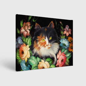 Холст прямоугольный с принтом Трёхцветная кошка , 100% ПВХ |  | Тематика изображения на принте: декоративная роспись | живопись | жостовская роспись | кошка | кошка трехцветная | цветы