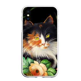 Чехол для iPhone XS Max матовый с принтом Трёхцветная кошка , Силикон | Область печати: задняя сторона чехла, без боковых панелей | декоративная роспись | живопись | жостовская роспись | кошка | кошка трехцветная | цветы