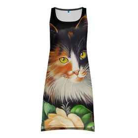 Платье-майка 3D с принтом Трёхцветная кошка , 100% полиэстер | полуприлегающий силуэт, широкие бретели, круглый вырез горловины, удлиненный подол сзади. | декоративная роспись | живопись | жостовская роспись | кошка | кошка трехцветная | цветы