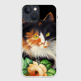 Чехол для iPhone 13 mini с принтом Трёхцветная кошка ,  |  | декоративная роспись | живопись | жостовская роспись | кошка | кошка трехцветная | цветы