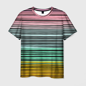 Мужская футболка 3D с принтом Модный полосатый узор  , 100% полиэфир | прямой крой, круглый вырез горловины, длина до линии бедер | желтый | модный | молодежный | разноцветные линии | разноцветный полосатый | розовый | салатовый | современный