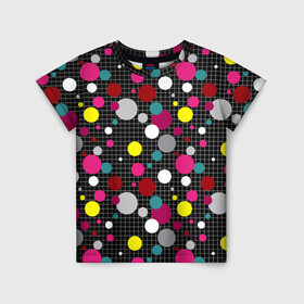 Детская футболка 3D с принтом Разноцветный горох на черном  , 100% гипоаллергенный полиэфир | прямой крой, круглый вырез горловины, длина до линии бедер, чуть спущенное плечо, ткань немного тянется | в горох | детский | для детей | желтый горох | клетка | красный | малышам | мальчиковый узор | разноцветный горох | темный | черный