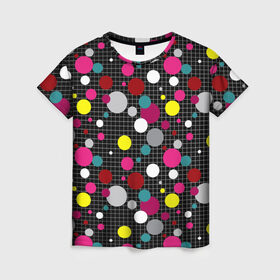 Женская футболка 3D с принтом Разноцветный горох на черном  , 100% полиэфир ( синтетическое хлопкоподобное полотно) | прямой крой, круглый вырез горловины, длина до линии бедер | Тематика изображения на принте: в горох | детский | для детей | желтый горох | клетка | красный | малышам | мальчиковый узор | разноцветный горох | темный | черный