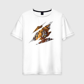 Женская футболка хлопок Oversize с принтом Тигр , 100% хлопок | свободный крой, круглый ворот, спущенный рукав, длина до линии бедер
 | большая кошка | животные. дикая кошка | звери | порезы | тигр | хищник | царапины