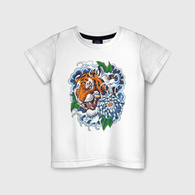 Детская футболка хлопок с принтом Тигр в цветах , 100% хлопок | круглый вырез горловины, полуприлегающий силуэт, длина до линии бедер | волны | голова тигра | дикая кошка | животные | крупная кошка | тигр | хищник | хризантема | цветы