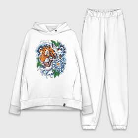 Женский костюм хлопок Oversize с принтом Тигр в цветах ,  |  | волны | голова тигра | дикая кошка | животные | крупная кошка | тигр | хищник | хризантема | цветы