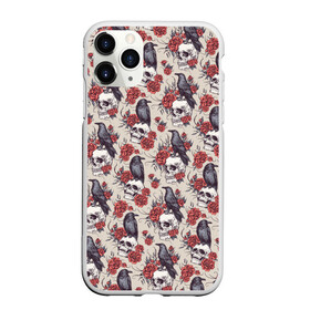 Чехол для iPhone 11 Pro Max матовый с принтом Skull raven , Силикон |  | art | flowers | gothic | pattern | raven | roses | skull | арт | ворон | готика | паттерн | розы | цветы | череп