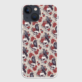 Чехол для iPhone 13 mini с принтом Skull raven ,  |  | art | flowers | gothic | pattern | raven | roses | skull | арт | ворон | готика | паттерн | розы | цветы | череп