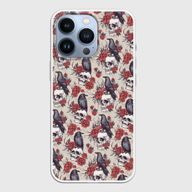 Чехол для iPhone 13 Pro с принтом Skull raven ,  |  | Тематика изображения на принте: art | flowers | gothic | pattern | raven | roses | skull | арт | ворон | готика | паттерн | розы | цветы | череп