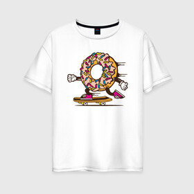 Женская футболка хлопок Oversize с принтом Пончик на скейте , 100% хлопок | свободный крой, круглый ворот, спущенный рукав, длина до линии бедер
 | donkey | sport | пончик | скейт | скорость | сладость