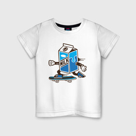 Детская футболка хлопок с принтом Пачка молока на скейте , 100% хлопок | круглый вырез горловины, полуприлегающий силуэт, длина до линии бедер | коробка | молоко | молочко | пачка молока | скейт | упаковка