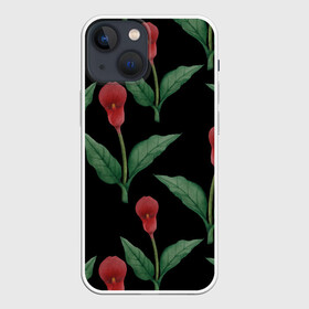 Чехол для iPhone 13 mini с принтом Красные каллы на черном ,  |  | 8 марта | flowers | march 8 | spring | ботаническая иллюстрация | весна | день рождения | зеленый | каллы | красный | лето | любовь | праздник | принт | природа | растения | цветы | черный