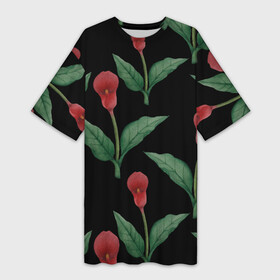 Платье-футболка 3D с принтом Красные каллы на черном ,  |  | 8 марта | flowers | march 8 | spring | ботаническая иллюстрация | весна | день рождения | зеленый | каллы | красный | лето | любовь | праздник | принт | природа | растения | цветы | черный
