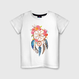 Детская футболка хлопок с принтом Ловец снов , 100% хлопок | круглый вырез горловины, полуприлегающий силуэт, длина до линии бедер | акварель | ловец снов | перья | рисунок | цветы