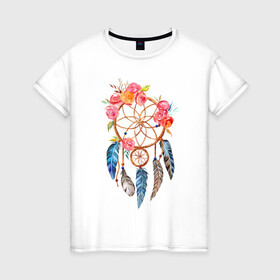 Женская футболка хлопок с принтом Ловец снов , 100% хлопок | прямой крой, круглый вырез горловины, длина до линии бедер, слегка спущенное плечо | акварель | ловец снов | перья | рисунок | цветы